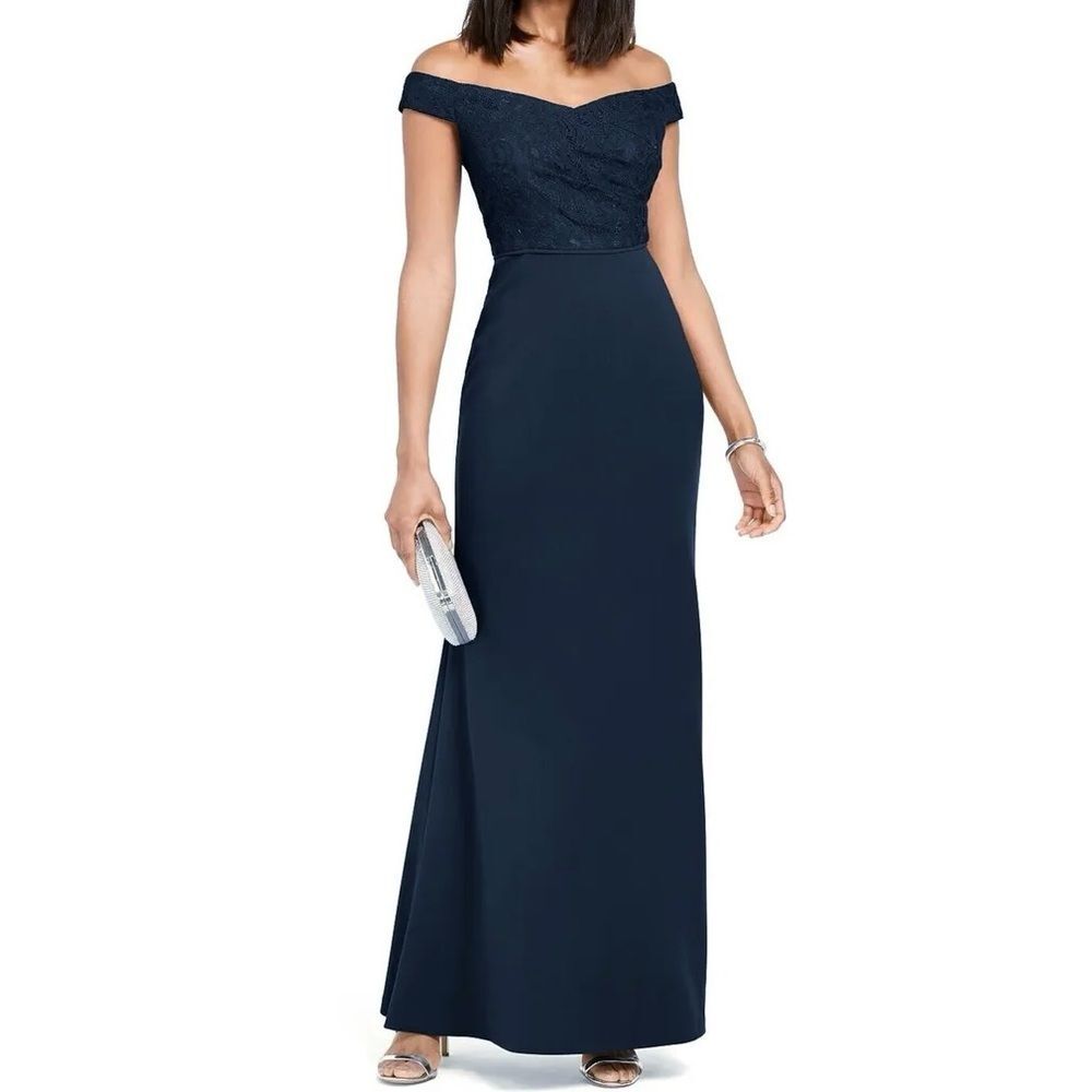 NWT Adrianna Papell Navy Blue Lace Crepe Formal Evening Gown OTS Dress Size 2